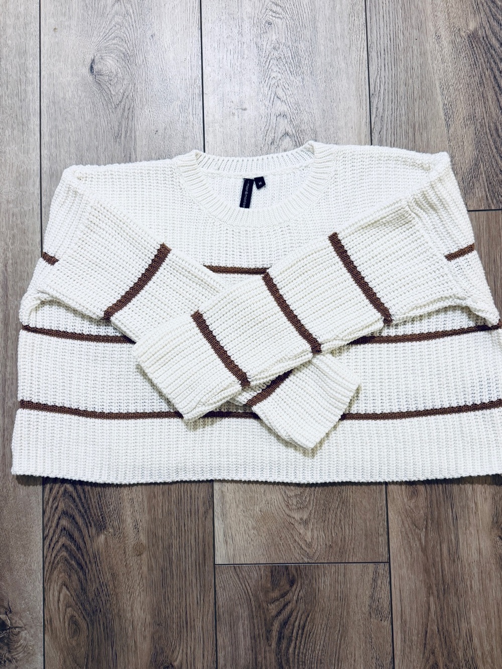 Moon & Madison Women's Cream Brown Striped Chunky Knit Pullover Sweater Size M
